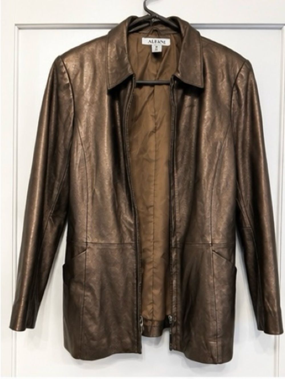 Alfani 100% Lamb Leather Bronze Metallic Longline Zip Jacket Medium